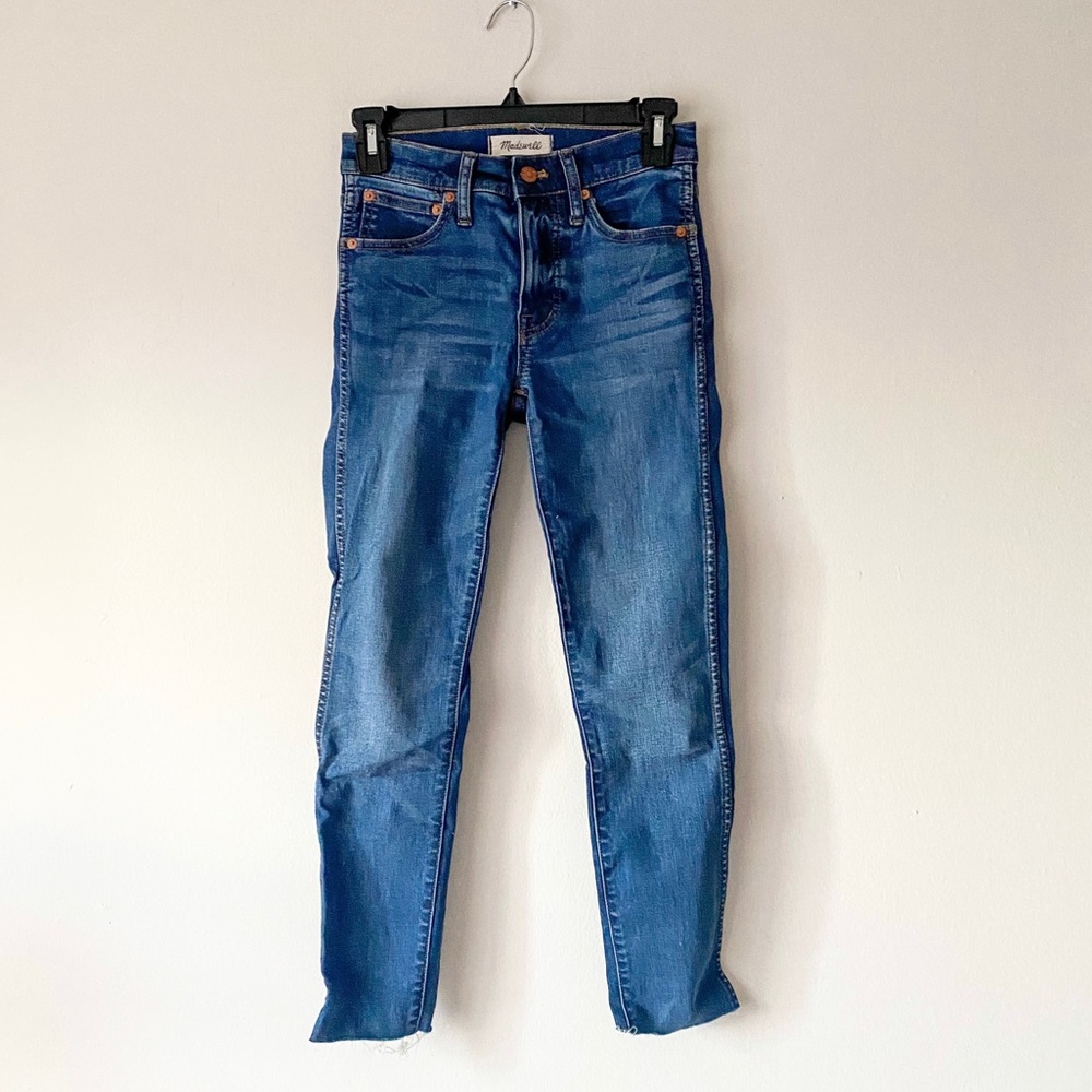 Altered in length Madewell skinny jeans, 9 inch rise, dark blue, size 24